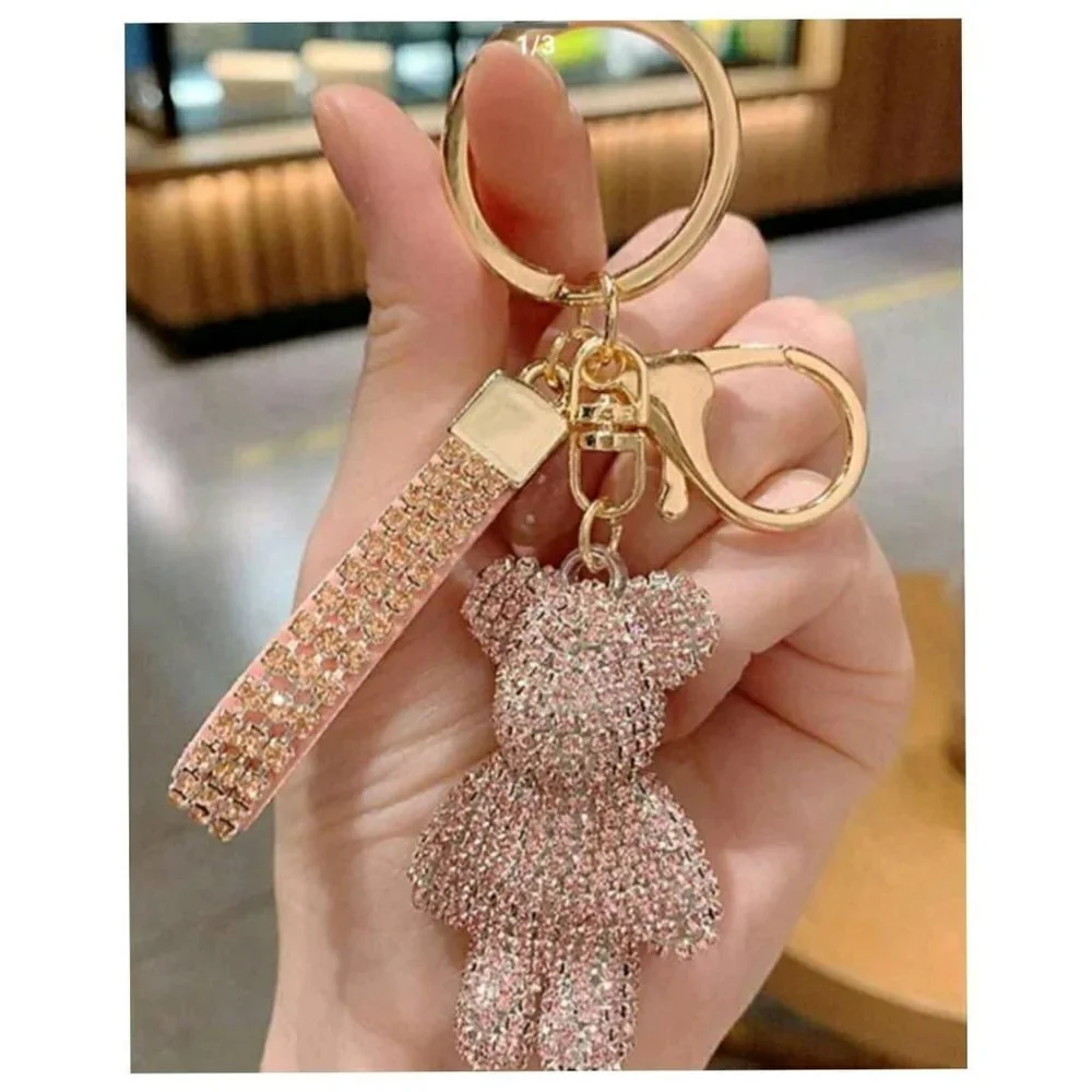Trendy Rhinestone-embedded Bear Shaped Keychain For Women